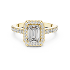 Lab Grown Emerald Cut Halo Diamond Ring with Pavé Band in Yellow Gold