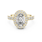 Lab Grown Oval Cut Halo Diamond Ring with Pave Band in Yellow Gold