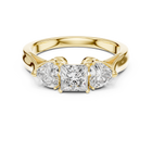 Lab Grown Princess Cut Three Stone Diamond Ring with Heart Side Stones in Yellow Gold