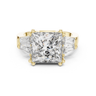 Lab Grown Princess Cut Three Stone Diamond Ring with Tapered Baguette Sides in Yellow Gold