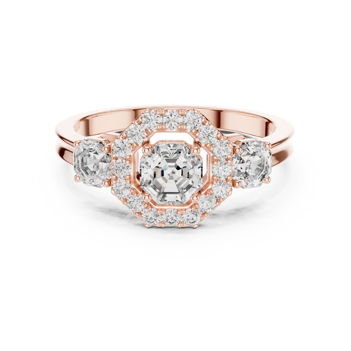 Lab Grown Asscher Cut Three Stone Diamond Ring with Octagon Halo in Yellow Gold