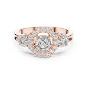 Lab Grown Asscher Cut Three Stone Diamond Ring with Octagon Halo in Yellow Gold