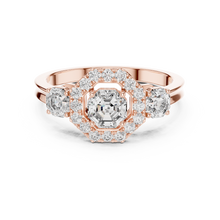 Lab Grown Asscher Cut Three Stone Diamond Ring with Octagon Halo in Yellow Gold
