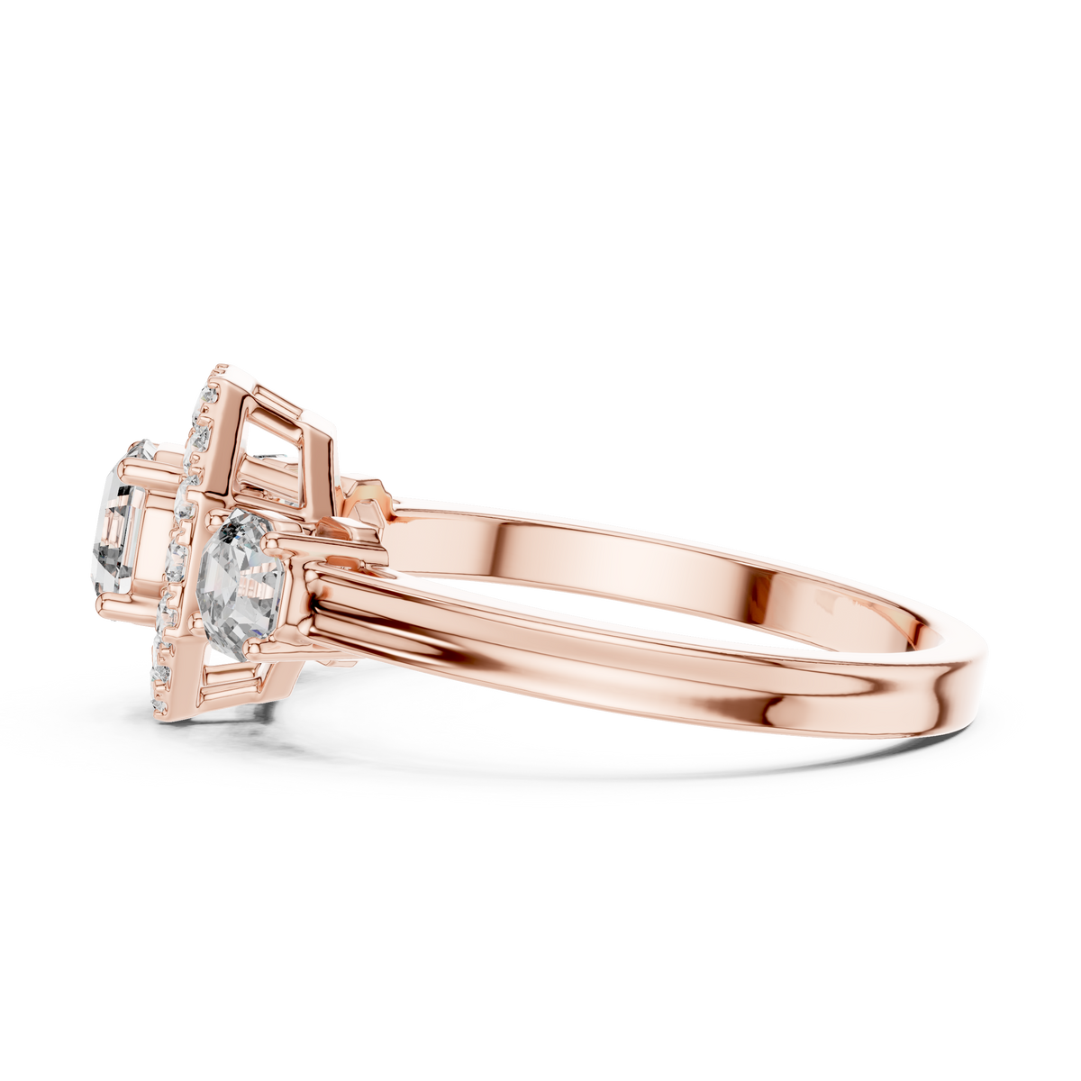 Lab Grown Asscher Cut Three Stone Diamond Ring with Octagon Halo in Yellow Gold