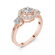 Lab Grown Asscher Cut Three Stone Diamond Ring with Octagon Halo in Yellow Gold