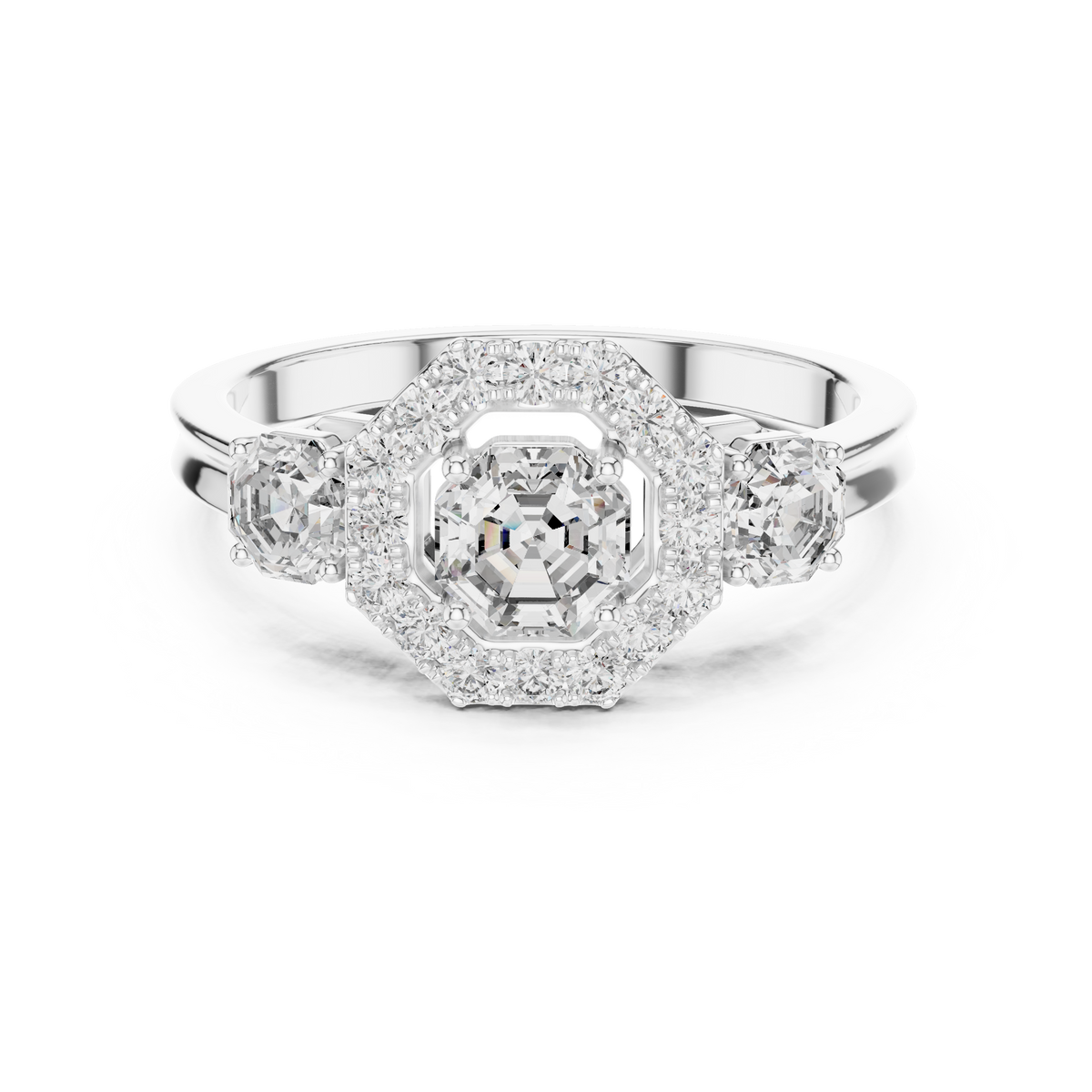 Lab Grown Asscher Cut Three Stone Diamond Ring with Octagon Halo in Yellow Gold