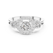 Lab Grown Asscher Cut Three Stone Diamond Ring with Octagon Halo in Yellow Gold