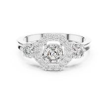 Lab Grown Asscher Cut Three Stone Diamond Ring with Octagon Halo in Yellow Gold