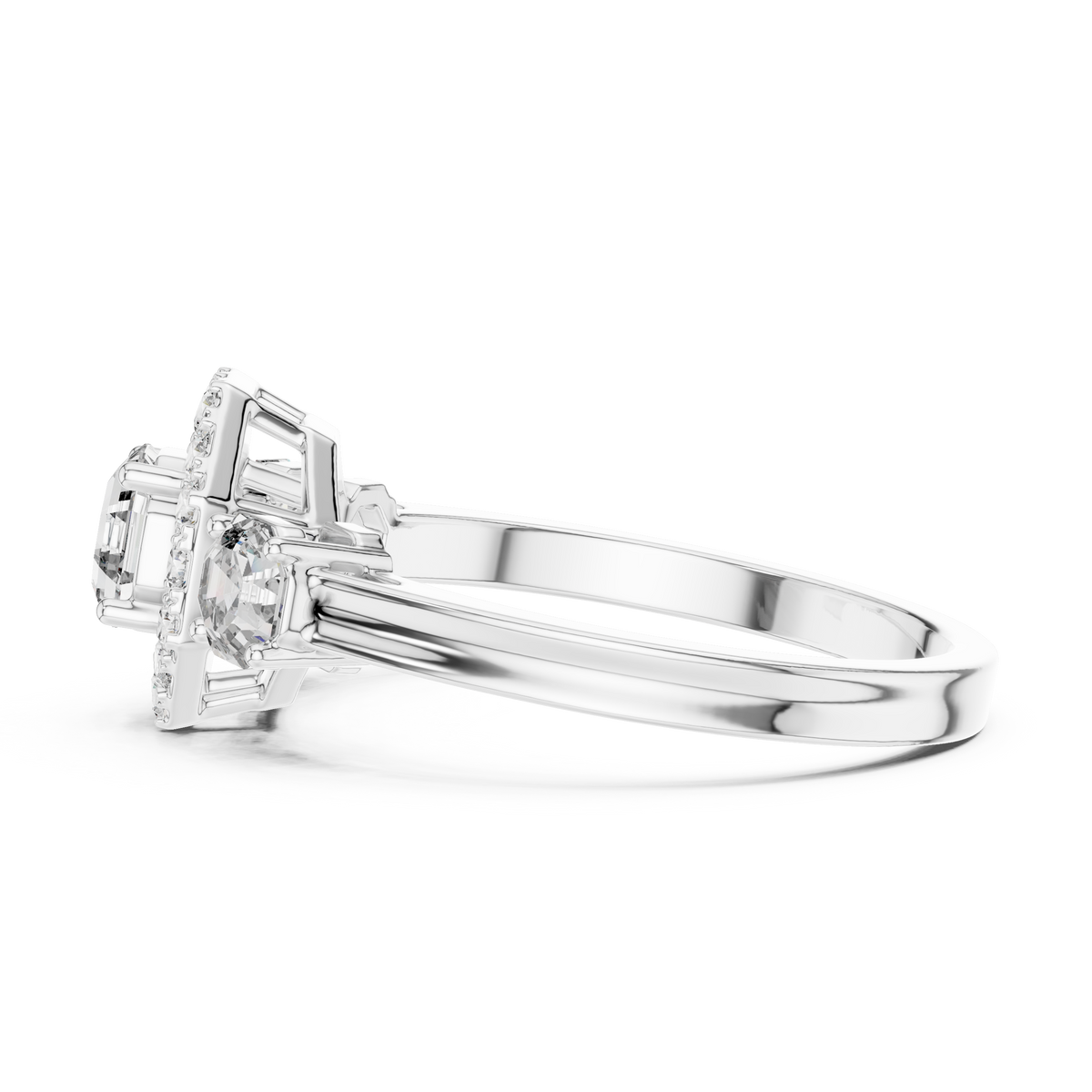 Lab Grown Asscher Cut Three Stone Diamond Ring with Octagon Halo in Yellow Gold