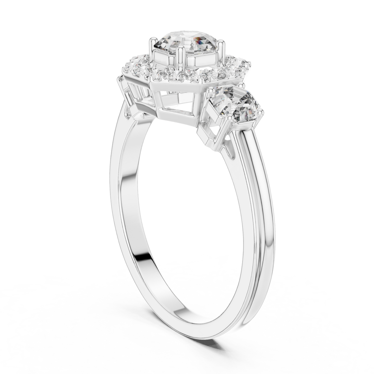 Lab Grown Asscher Cut Three Stone Diamond Ring with Octagon Halo in Yellow Gold
