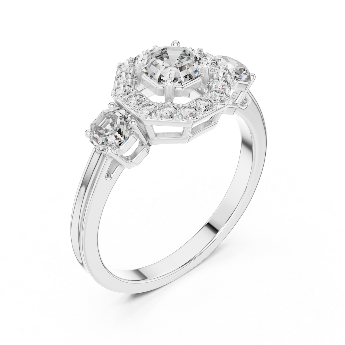 Lab Grown Asscher Cut Three Stone Diamond Ring with Octagon Halo in Yellow Gold