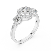 Lab Grown Asscher Cut Three Stone Diamond Ring with Octagon Halo in Yellow Gold
