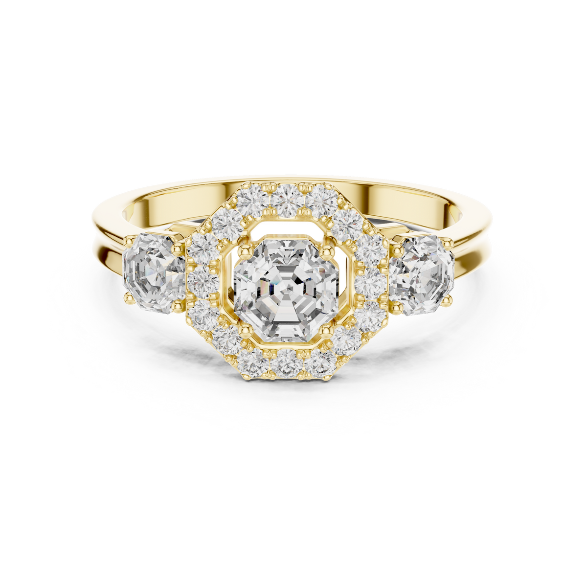 Lab Grown Asscher Cut Three Stone Diamond Ring with Octagon Halo in Yellow Gold