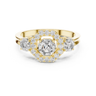 Lab Grown Asscher Cut Three Stone Diamond Ring with Octagon Halo in Yellow Gold