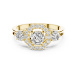 Lab Grown Asscher Cut Three Stone Diamond Ring with Octagon Halo in Yellow Gold