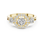 Lab Grown Asscher Cut Three Stone Diamond Ring with Octagon Halo in Yellow Gold