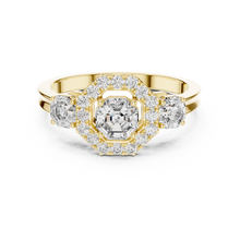 Lab Grown Asscher Cut Three Stone Diamond Ring with Octagon Halo in Yellow Gold