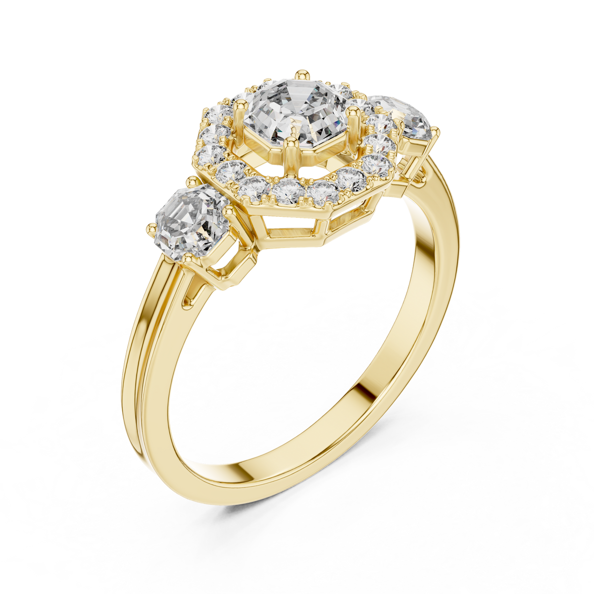 Lab Grown Asscher Cut Three Stone Diamond Ring with Octagon Halo in Yellow Gold