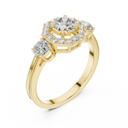 Lab Grown Asscher Cut Three Stone Diamond Ring with Octagon Halo in Yellow Gold