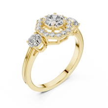 Lab Grown Asscher Cut Three Stone Diamond Ring with Octagon Halo in Yellow Gold
