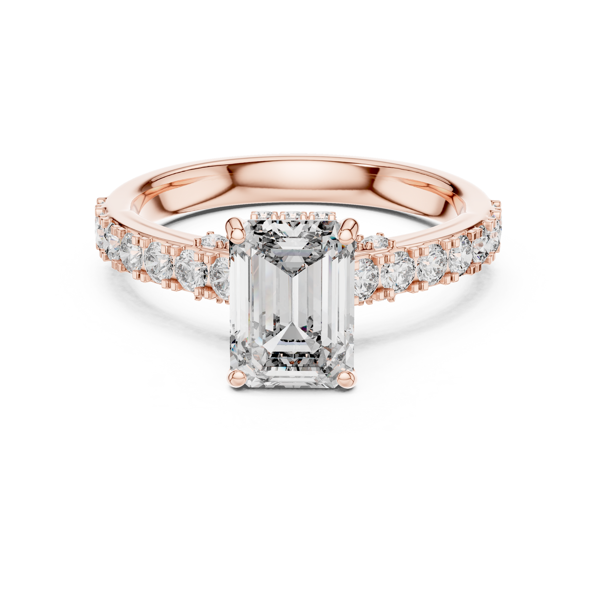 Lab Grown Emerald Cut Diamond Ring with Hidden Halo & Pave Band in Yellow Gold