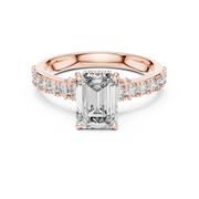 Lab Grown Emerald Cut Diamond Ring with Hidden Halo & Pave Band in Yellow Gold