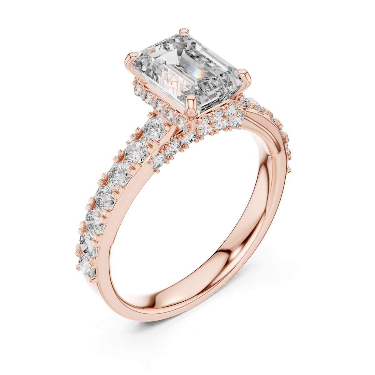 Lab Grown Emerald Cut Diamond Ring with Hidden Halo & Pave Band in Yellow Gold