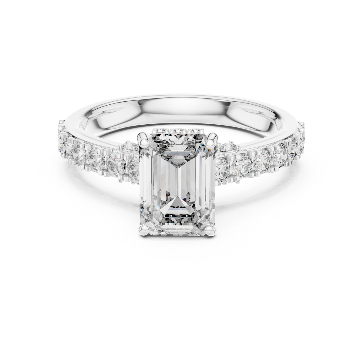 Lab Grown Emerald Cut Diamond Ring with Hidden Halo & Pave Band in Yellow Gold