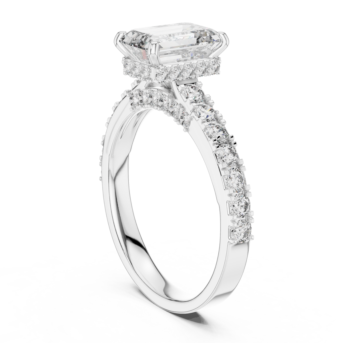 Lab Grown Emerald Cut Diamond Ring with Hidden Halo & Pave Band in Yellow Gold
