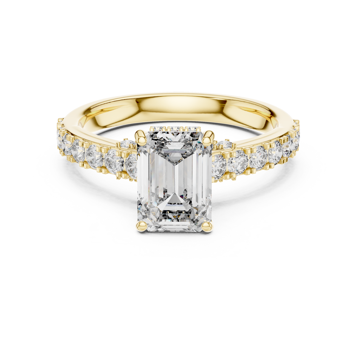 Lab Grown Emerald Cut Diamond Ring with Hidden Halo & Pave Band in Yellow Gold