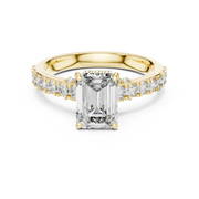 Lab Grown Emerald Cut Diamond Ring with Hidden Halo & Pave Band in Yellow Gold