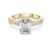 Lab Grown Emerald Cut Diamond Ring with Hidden Halo & Pave Band in Yellow Gold