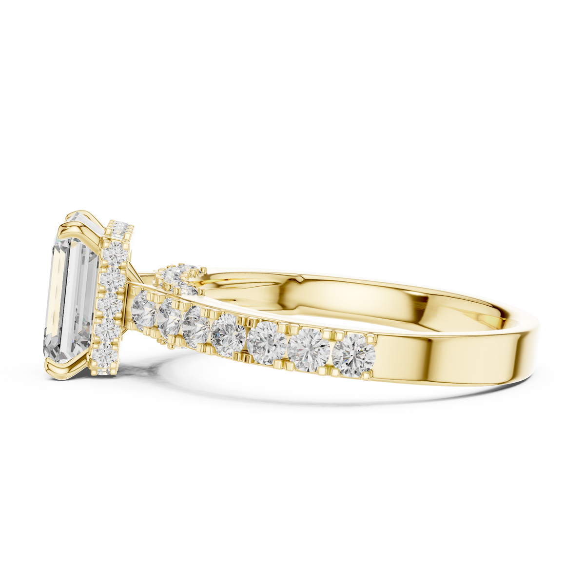 Lab Grown Emerald Cut Diamond Ring with Hidden Halo & Pave Band in Yellow Gold