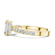 Lab Grown Emerald Cut Diamond Ring with Hidden Halo & Pave Band in Yellow Gold