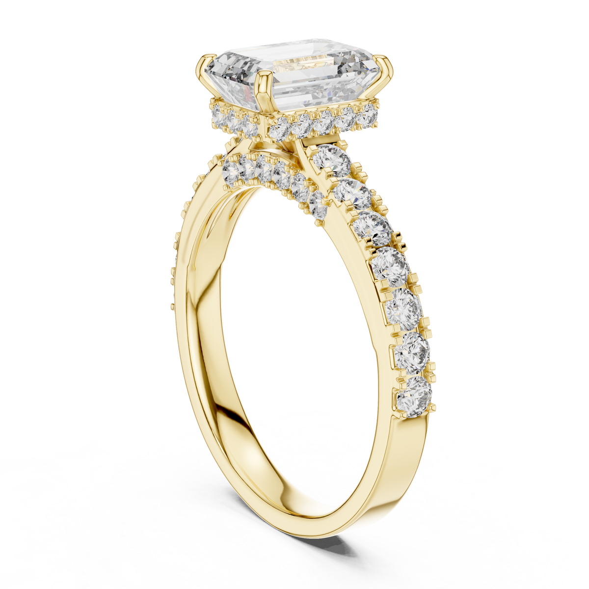 Lab Grown Emerald Cut Diamond Ring with Hidden Halo & Pave Band in Yellow Gold