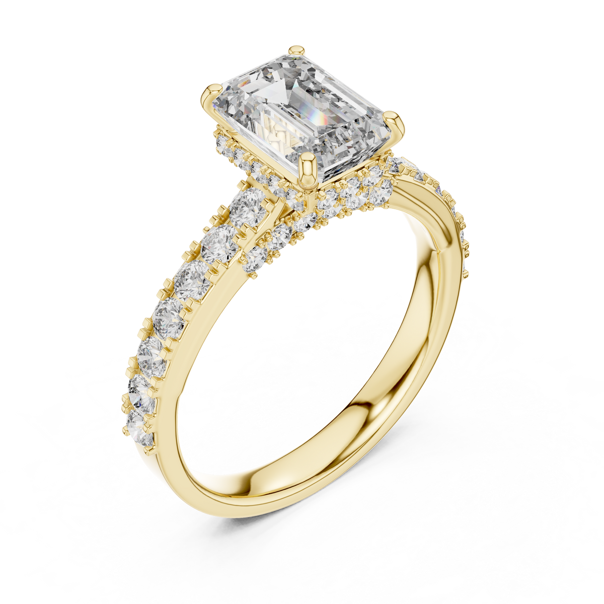 Lab Grown Emerald Cut Diamond Ring with Hidden Halo & Pave Band in Yellow Gold