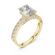 Lab Grown Emerald Cut Diamond Ring with Hidden Halo & Pave Band in Yellow Gold