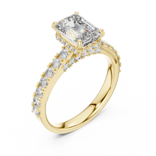 Lab Grown Emerald Cut Diamond Ring with Hidden Halo & Pave Band in Yellow Gold