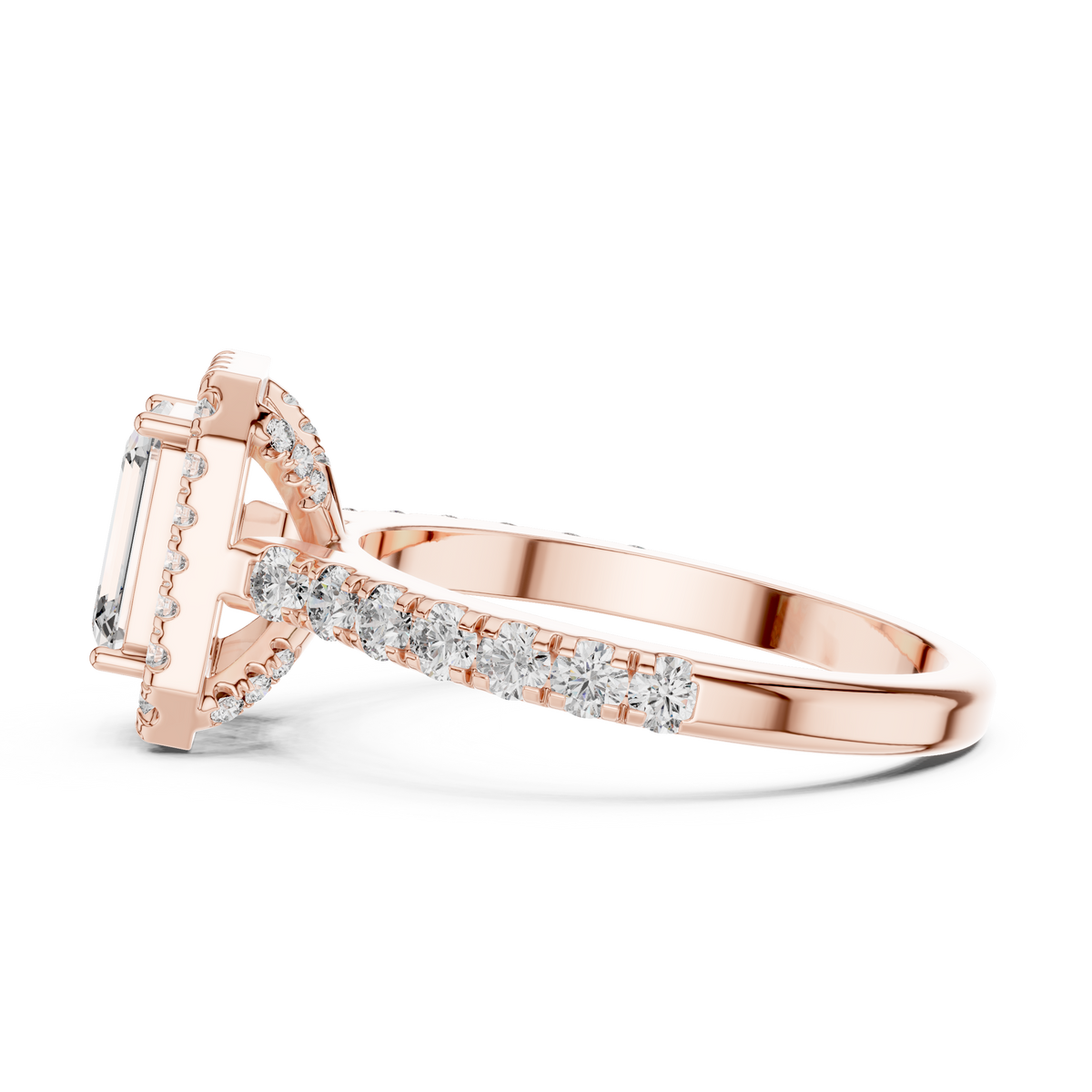 Lab Grown Emerald Cut Halo Diamond Ring with Pavé Band in Yellow Gold