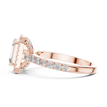 Lab Grown Emerald Cut Halo Diamond Ring with Pavé Band in Yellow Gold