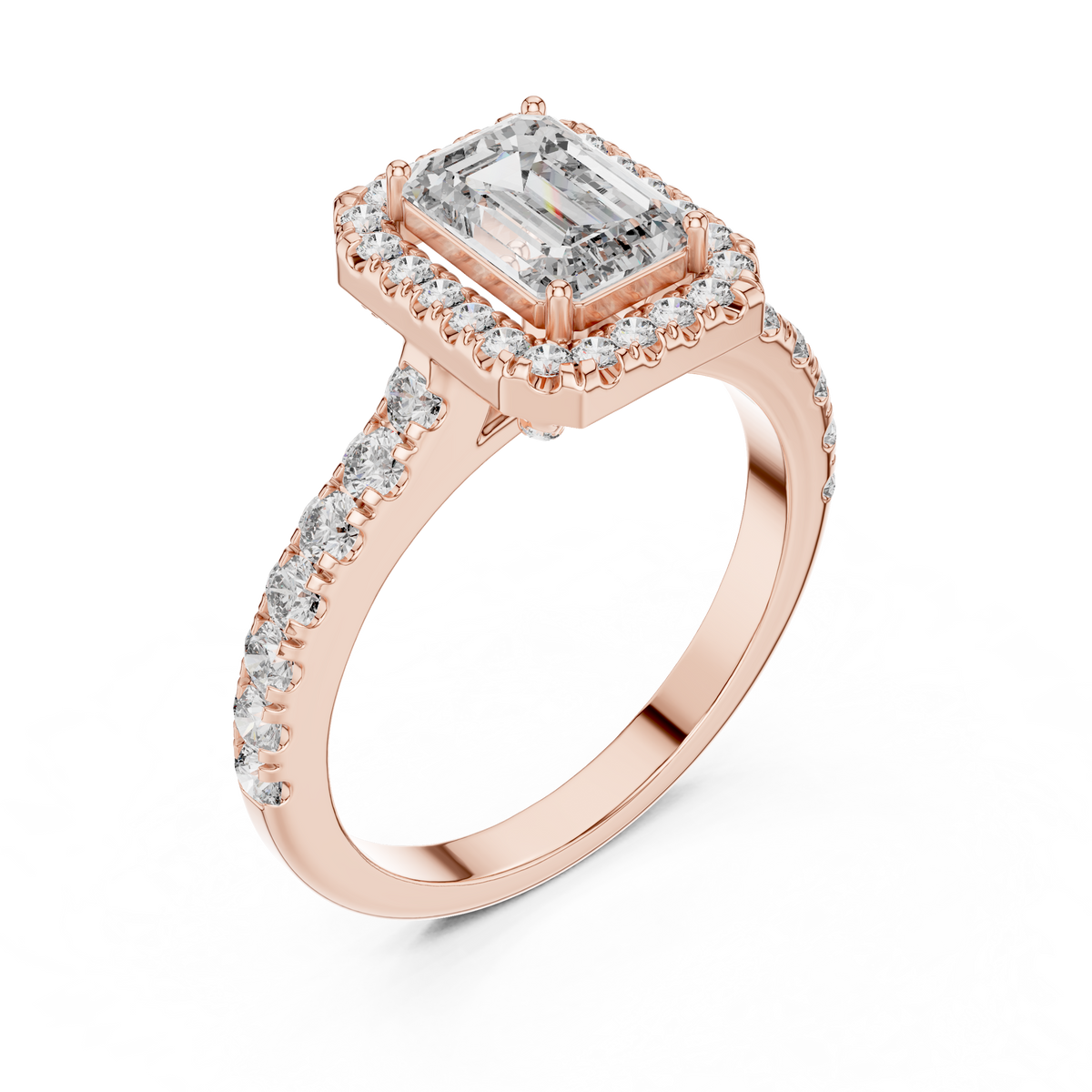 Lab Grown Emerald Cut Halo Diamond Ring with Pavé Band in Yellow Gold
