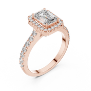 Lab Grown Emerald Cut Halo Diamond Ring with Pavé Band in Yellow Gold
