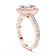 Lab Grown Emerald Cut Halo Diamond Ring with Pavé Band in Yellow Gold