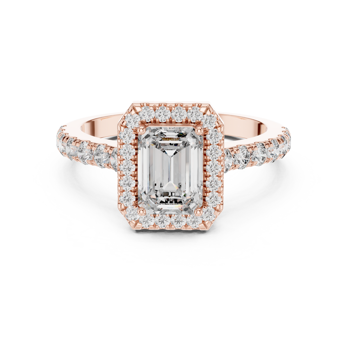 Lab Grown Emerald Cut Halo Diamond Ring with Pavé Band in Yellow Gold