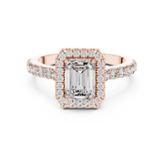 Lab Grown Emerald Cut Halo Diamond Ring with Pavé Band in Yellow Gold