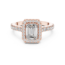 Lab Grown Emerald Cut Halo Diamond Ring with Pavé Band in Yellow Gold