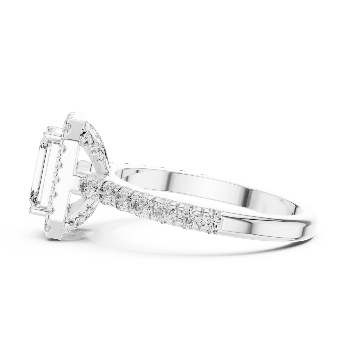 Lab Grown Emerald Cut Halo Diamond Ring with Pavé Band in Yellow Gold