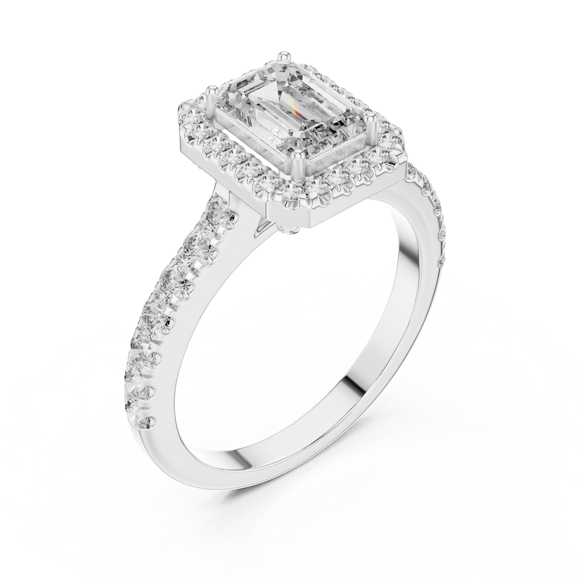 Lab Grown Emerald Cut Halo Diamond Ring with Pavé Band in Yellow Gold