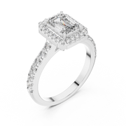 Lab Grown Emerald Cut Halo Diamond Ring with Pavé Band in Yellow Gold