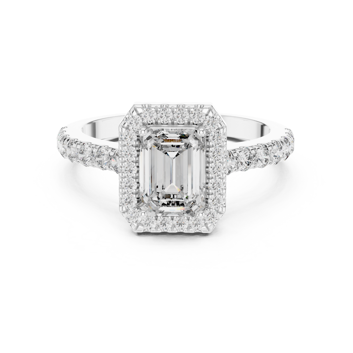 Lab Grown Emerald Cut Halo Diamond Ring with Pavé Band in Yellow Gold
